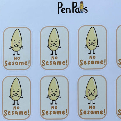 A sheet of ten planner stickers featuring a cartoon sesame seed character with the text 'NO Sesame!' printed on a white background, placed on a wooden surface. The brand name 'PenPals' is printed at the top.