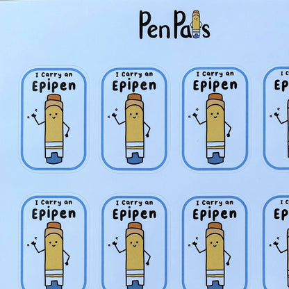 A printed sheet featuring ten cartoon pencil stickers or labels arranged in a 3-by-3 grid on a white sheet, with the brand name 'PenPals' printed at the top. The sheet is photographed on a light wood surface.