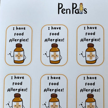 A sheet of nine 'PenPals' food allergy stickers, each featuring a cute cartoon first-aid bottle with a cross and the text 'I have food Allergies!'.