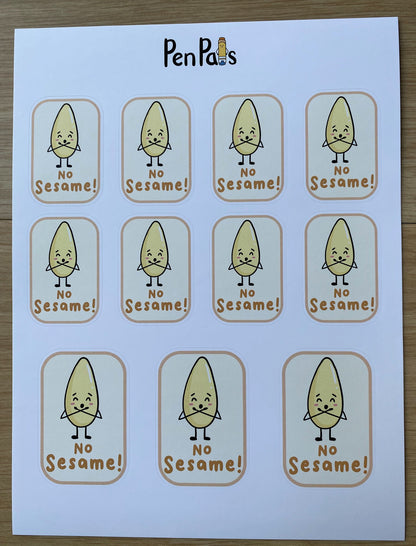 Sesame Allergy Stickers / No Sesame / Allergy Alert / Lunchbox Stickers / Food Allergy / Warning Stickers / Sticker Sheet / Kid-Friendly