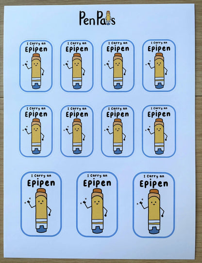 EpiPen Allergy Alert Stickers: Lunchbox, Backpack, Waterproof Sticker Sheet