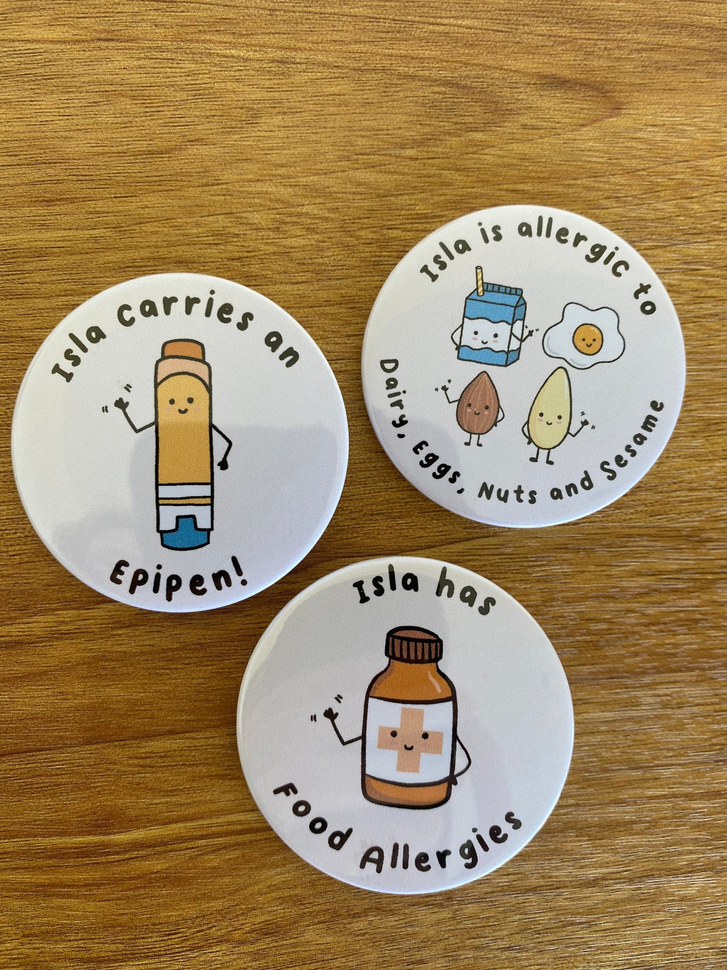 Personalised Allergy Alert Badges: Food Allergies, EpiPen - Set of 3
