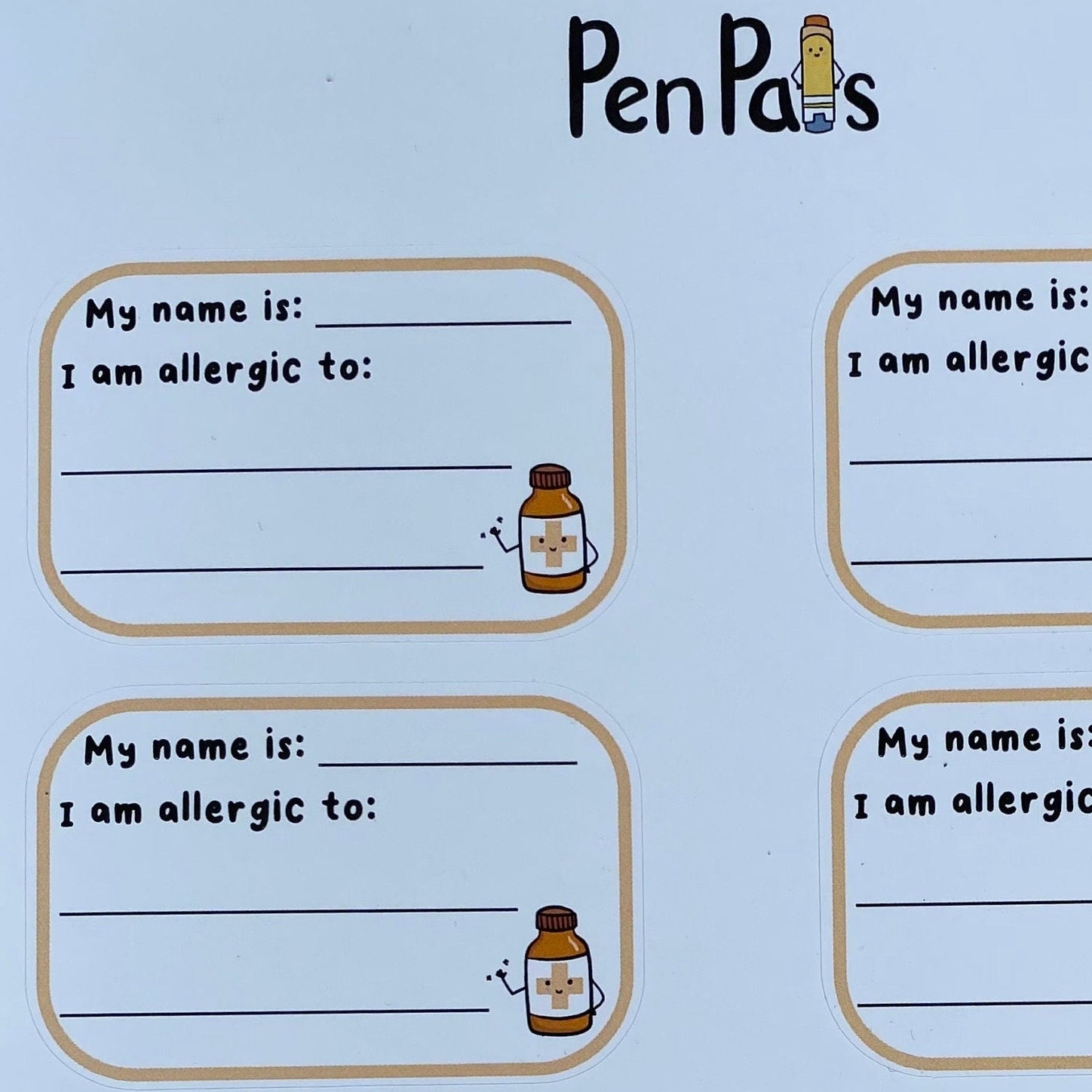 A printed allergy tracker sheet titled 'PenPal' with eight labeled boxes reading 'My name is:' and 'I am allergic to:' plus small pen pal bottle illustrations.