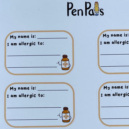 A printed allergy tracker sheet titled 'PenPal' with eight labeled boxes reading 'My name is:' and 'I am allergic to:' plus small pen pal bottle illustrations.